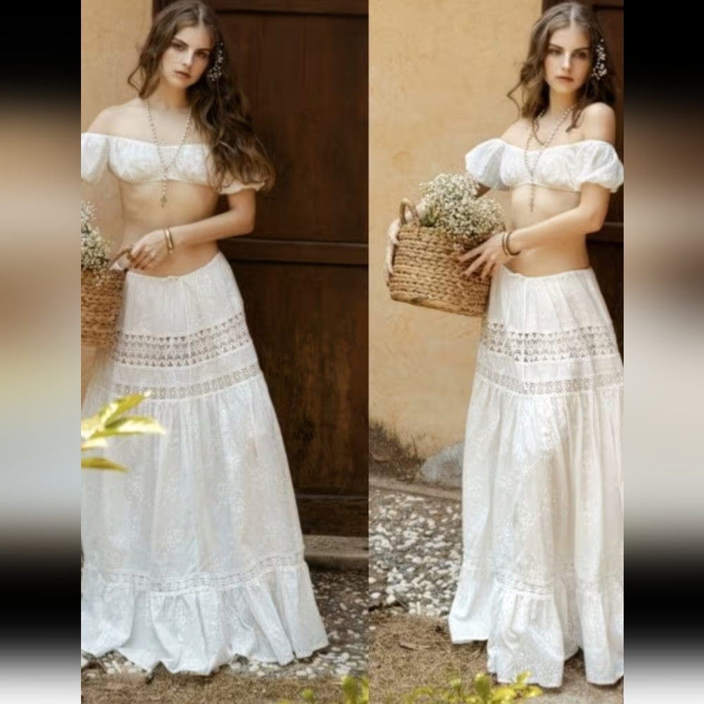 Bohemian White Eyelet Maxi Skirt